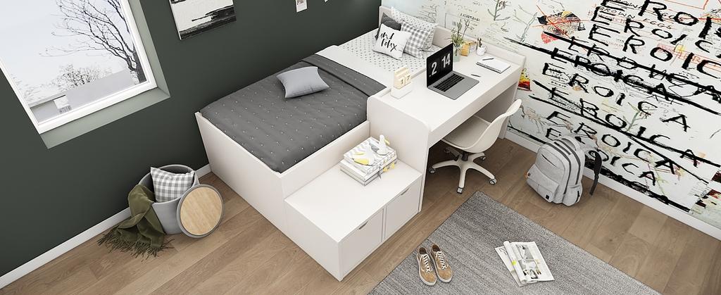 Children's Bed, Solid Wood Single Bed with Desk and Drawers, 90 x 200 cm, White, Storage Bed with Slatted Frame, for Boys & Girls (Without Mattress)