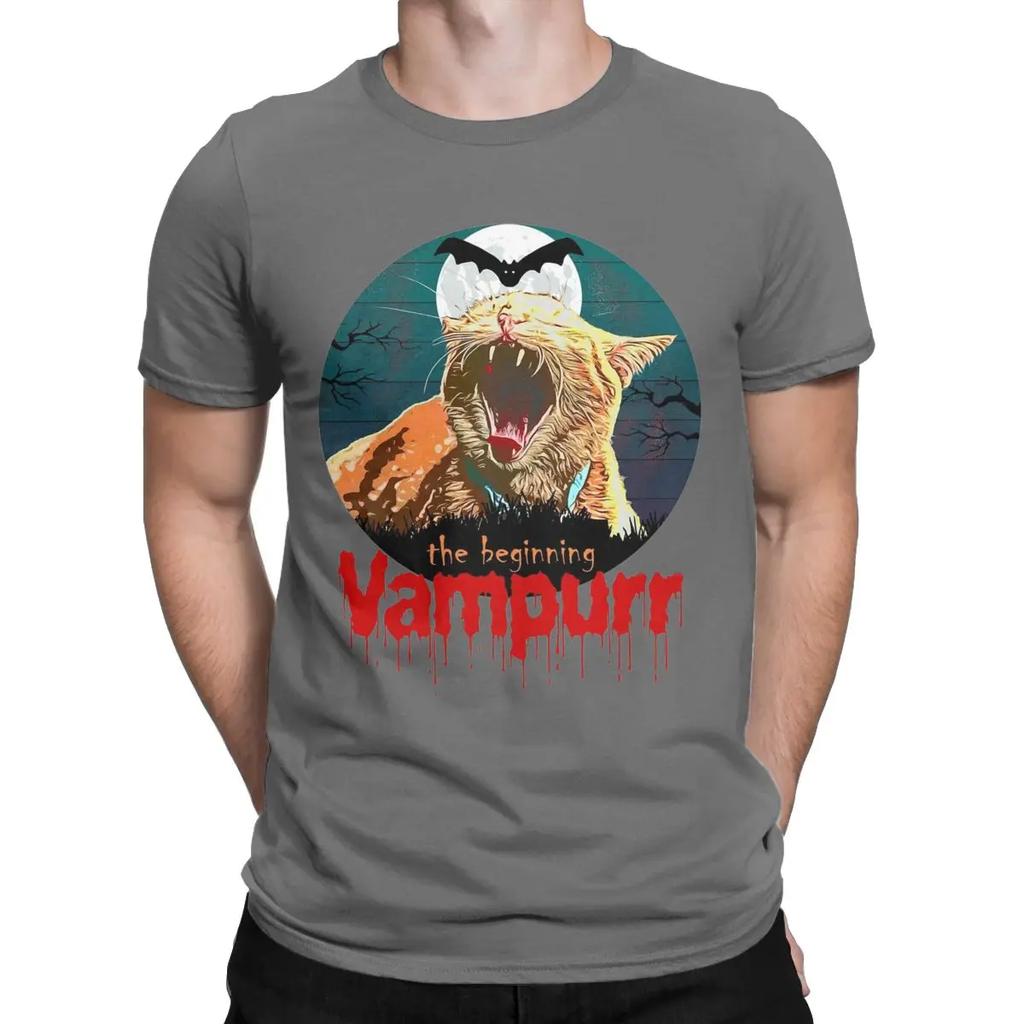 Vampurr Vampire Black Cat Men T Shirt Halloween Kitten Vintage Tee Shirt Short Sleeve O Neck T-Shirt Cotton Big Size Clothes