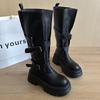 Winter Vintage Punk Style Woman Knee High Boots Fashion Belt Buckle Slip On Shoes Female Thick Bottom Knight Long Booties Shoes