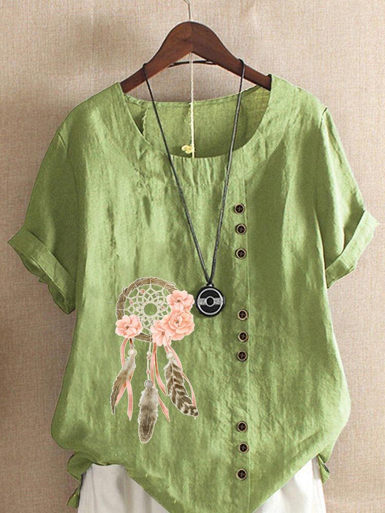

Women s Fashion Feather Flower Print Casual Cotton Linen Short Sleeve Round Neck T-shirt Shirt Leisure Loose Summer Blouse Tops 5XL зелений