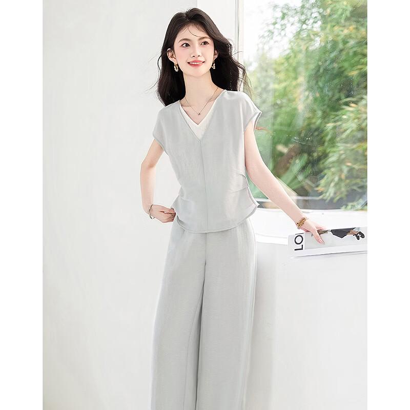 Women's V-Neck Short Sleeve Top & Casual Trousers Set