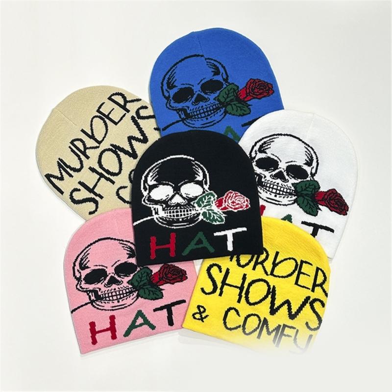 Teens Elastic Beanie Knit Skull Caps with Jacquard Skull&Rose Pattern Skiing Hat