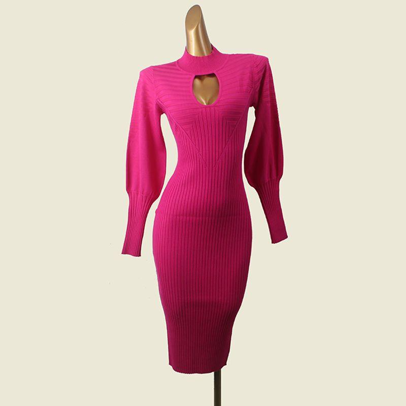 American Brand Hollow-out Sexy Slim Fit Knitted Hip Skirt Foreign Trade Small Stand Collar Long Sleeve Slimming Sexy Dresses for Women