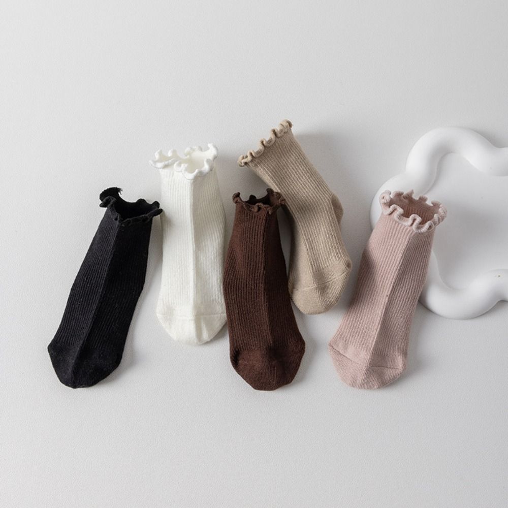 5Pairs Solid Color Ruffle Baby Cotton Socks Breathable Cute Toddle Short Tube Socks Autumn Spring Mid-calf Newborn Socks Newborn