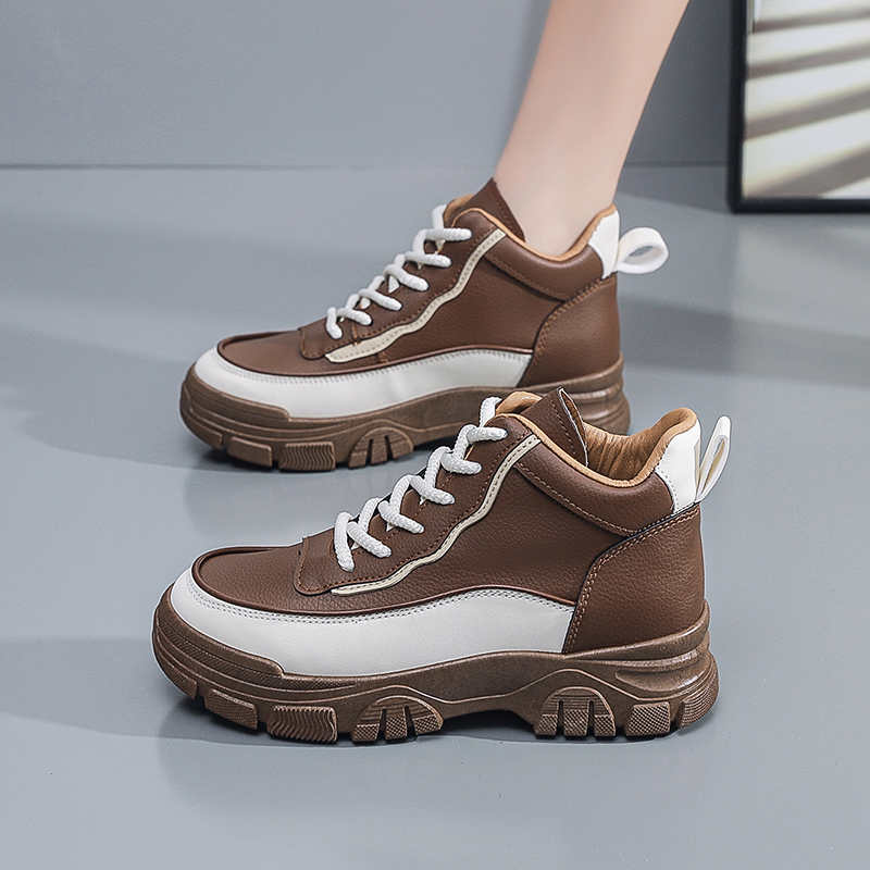 Fashion Natural Leather Autumn Women's Luxury Boot Casual Sneakers Beige Black And White Woman Shoes Sports Excercise Sport