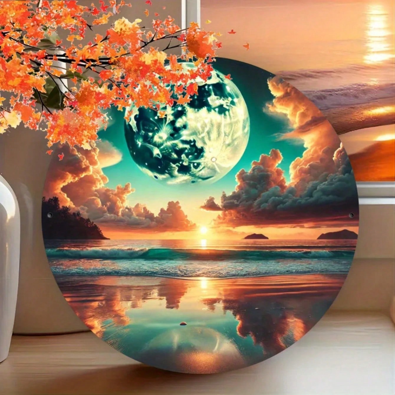 

Metal Art Moon Seascape Wall Decor Sunset Coastal Vibrant Clouds Home Office Gift 20x20 різнокольоровий