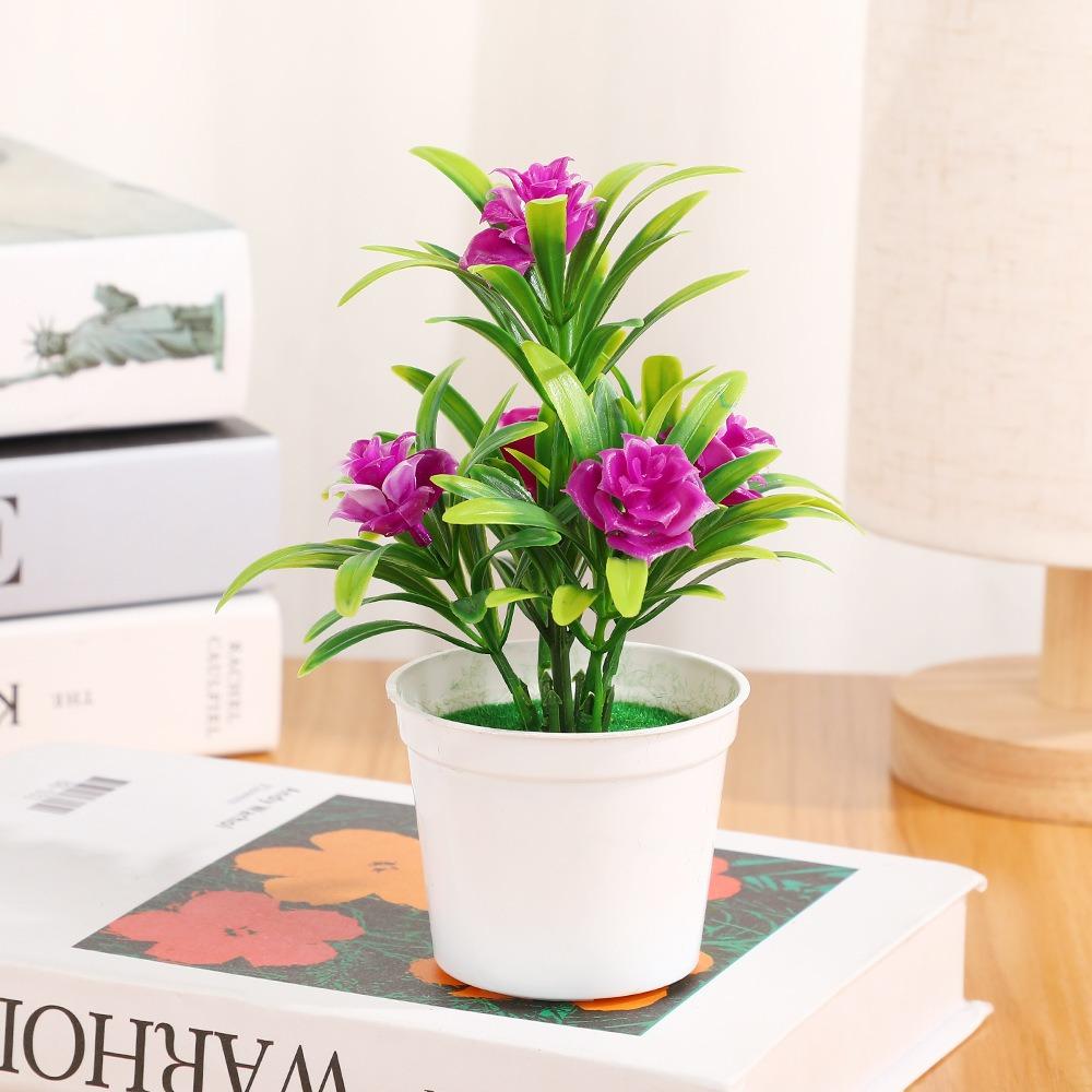 New 6 Colors Artificial Potted Plant 12*17cm Plastic 5 Head Roses Office Table Decor Fake Plants Wedding Home Hotel Decor