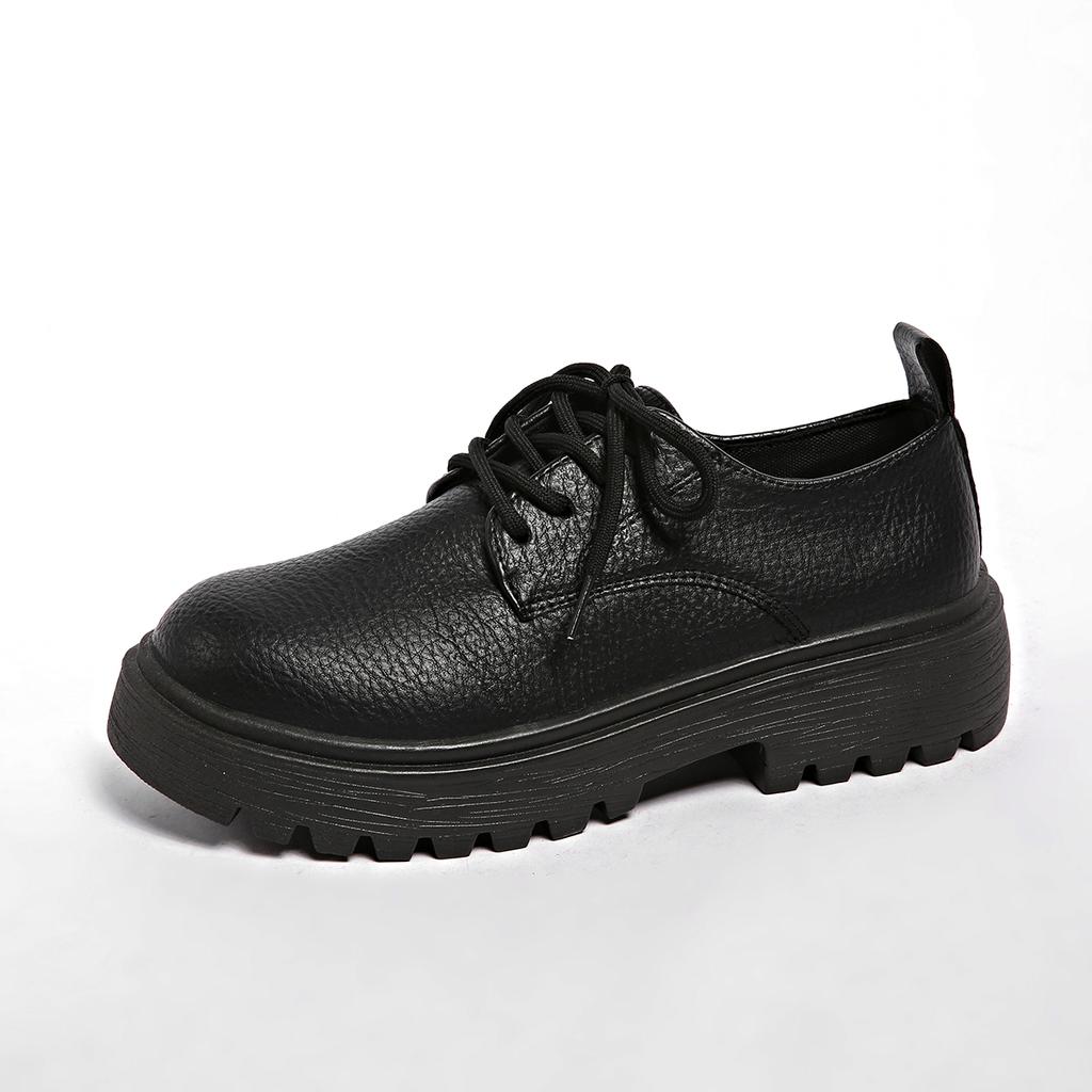 Fashion Block Heel Platform Single Shoes Autumn New Round Toe Front Lace-up Soft Leather Soft Sole Non-slip Low Top Shoes
