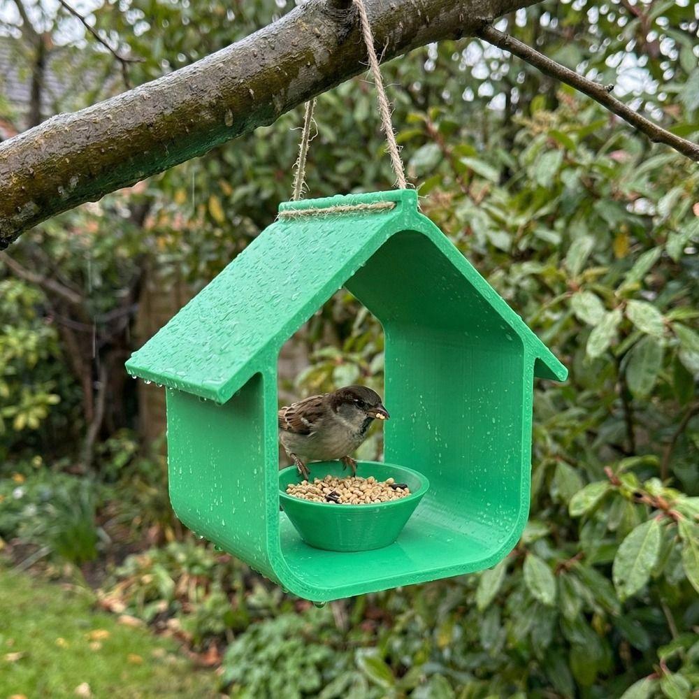 Weatherproof Bird Feeder House Plastic Hut Shape Hanging Bird Feeder with Feeding Bowl Semi Enclosed Bird Feeding Station