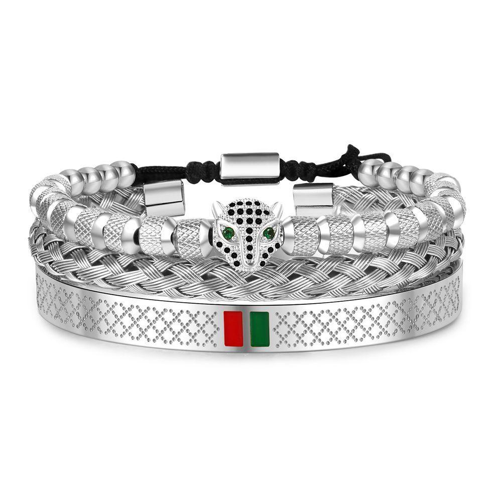 Hip Hop Leopard Head Zircon Copper Stainless Steel Bracelets Set For Men And Women