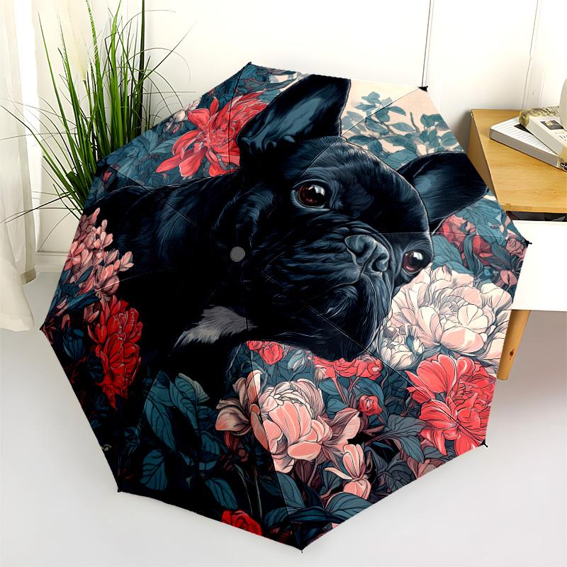 0106 Floral Black Dog  pattern, automatic folding umbrella, portable and foldable design, 8 ribs, a Christmas or birthday gift.