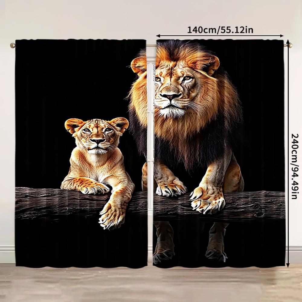 2pcs, 2D flat printing Curtains Lion And Lioness Log Print Versatile Polyester Fabric,Without Electricity Birthday Party Applies