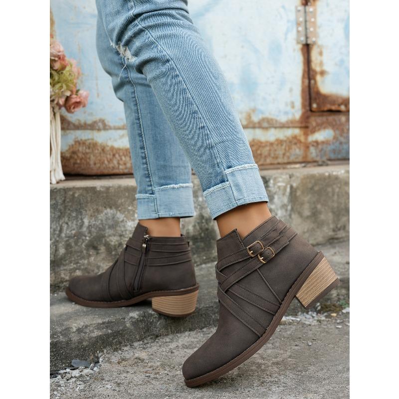 Pointed Toe Woven Martin Boots Women's Winter 2025 New Thick Heel Vintage Side Zipper Plus Size Booties