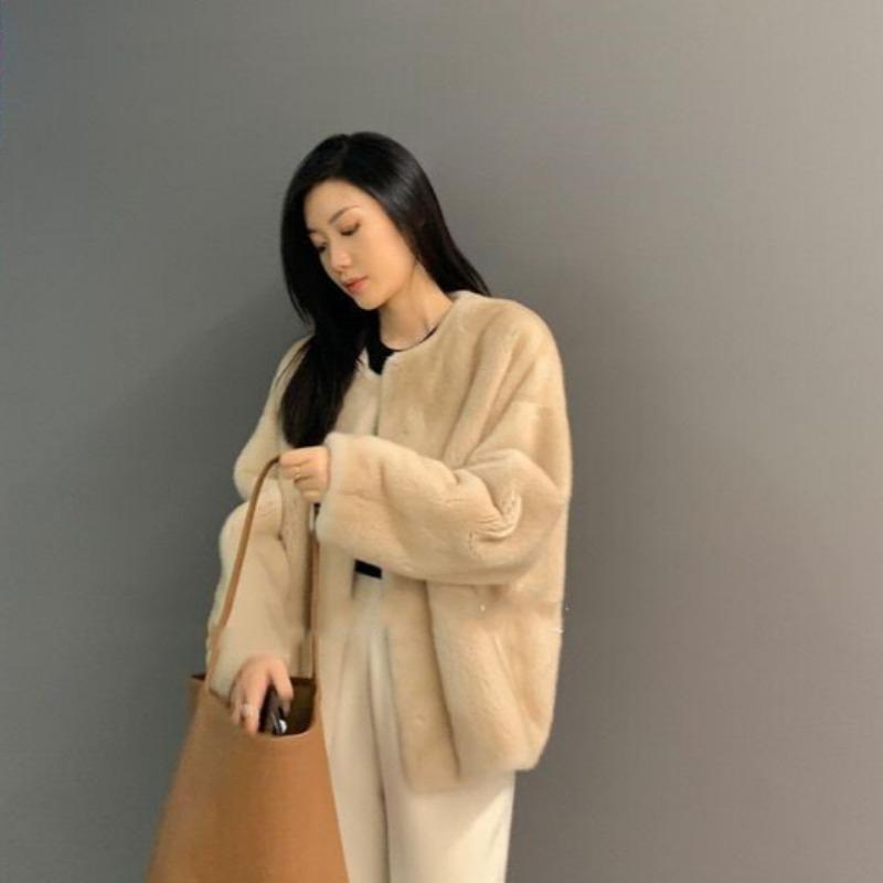 Efterår og Vinter Ny Dame Faux Fur One-piece Rundhalset Frakke