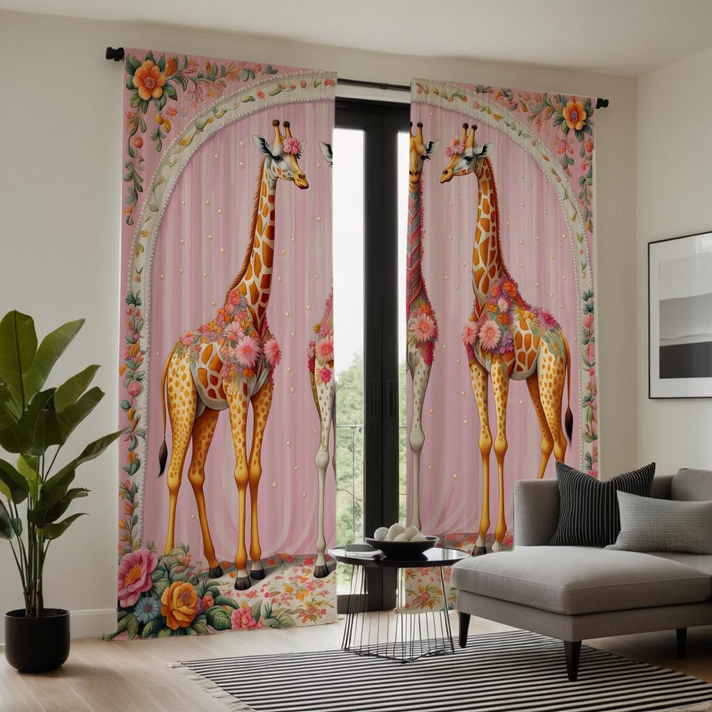 2 Stück HD Girly Puderblumen Dekoration Giraffe Dekovorhang Rosa Bindeband Digital bedruckter Vorhang Heimdekorationsstil