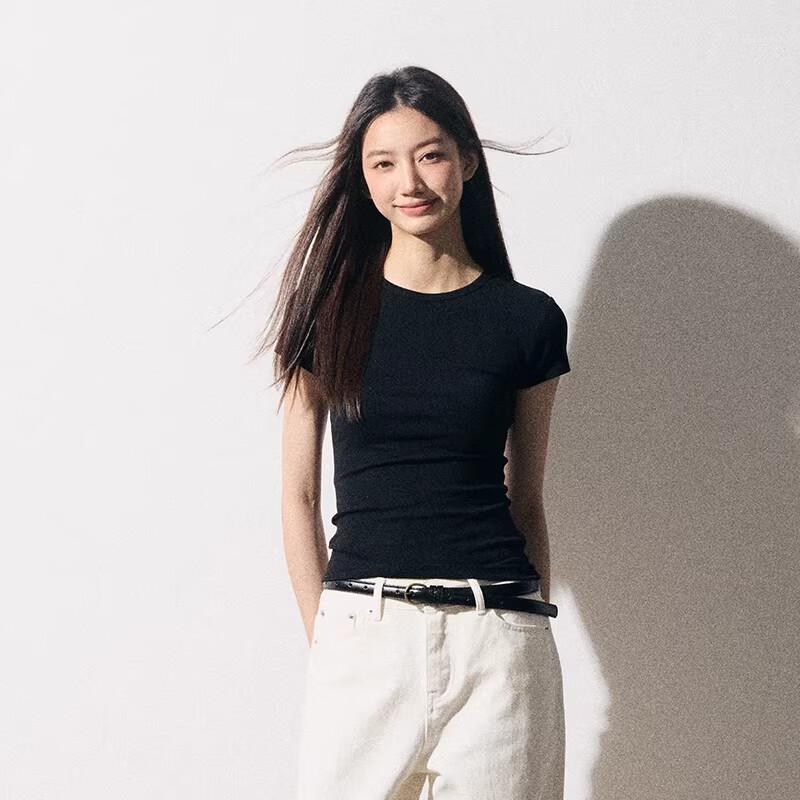 MJ STYLE Women's Structured Shoulder Short Sleeve T-Shirt 2026 Spring Summer New Slim Fit Waist Design Basic Versatile Top