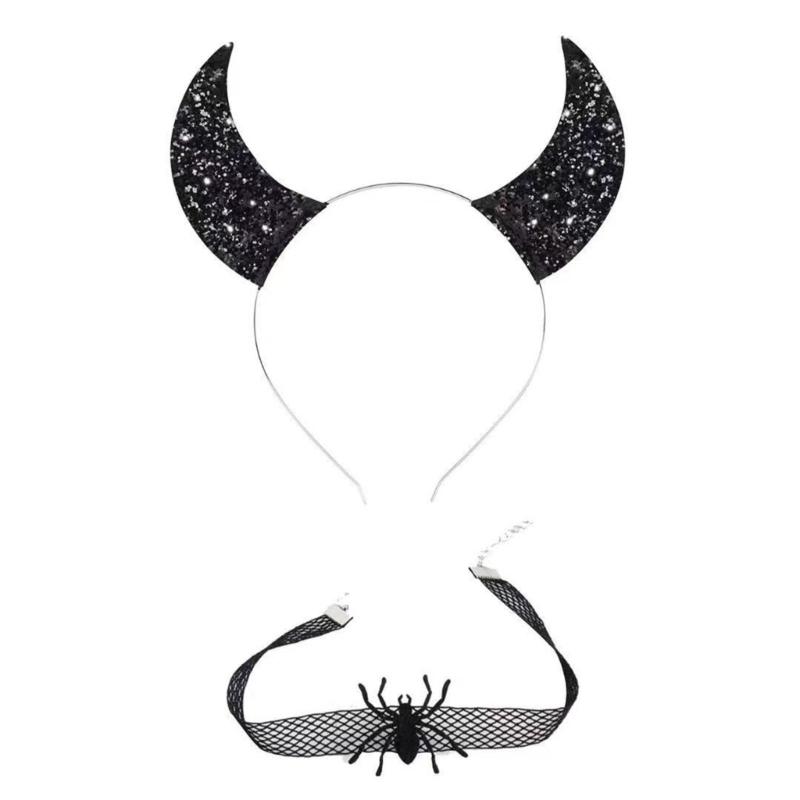 Gothic Dark Glitter Girls Choker Collar Rose Devil Wing Headband Set Gothic Bat Wing Versatile Choker