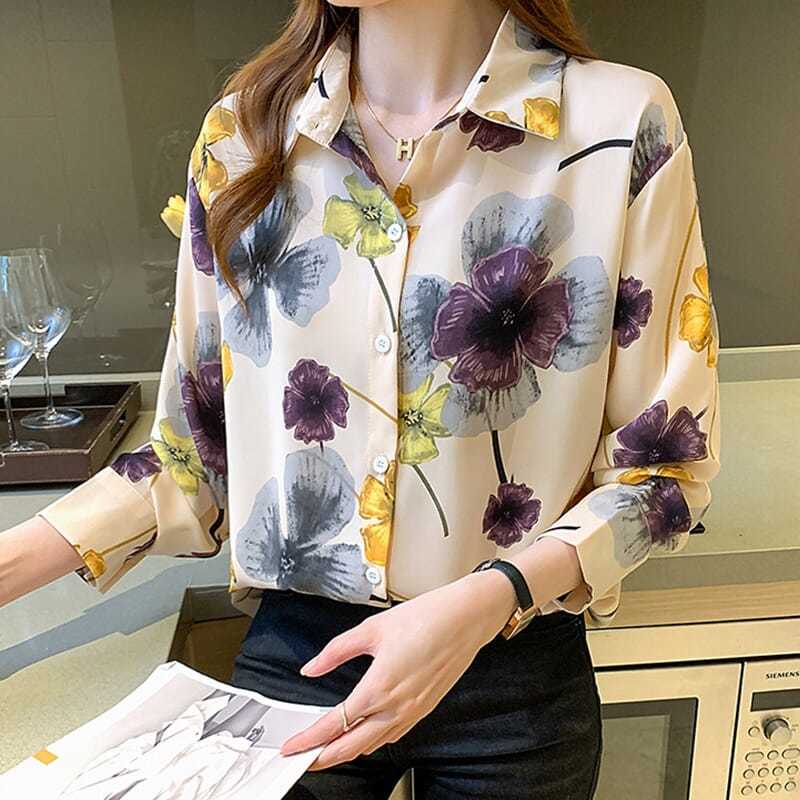 

Женская винтажная элегантная рубашка на пуговицах с цветочным принтом, корейская модная офисная женская блузка с длинным рукавом, повседневные свободные шикарные топы Blusas XXL жёлтый