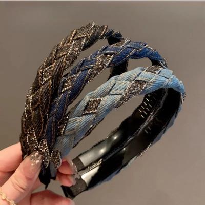 New Arrival High-end Elegant Retro Light Luxury Rhinestone Denim Hair Accessories Braided Headband Fashionable Simple Hairband