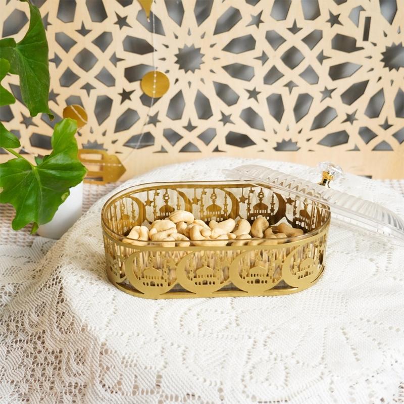 Eid Mubarak Dessert Tray Ramadans Candy Serving Dish Snacks Storage Box Metal Platter for Festival Table Decoration