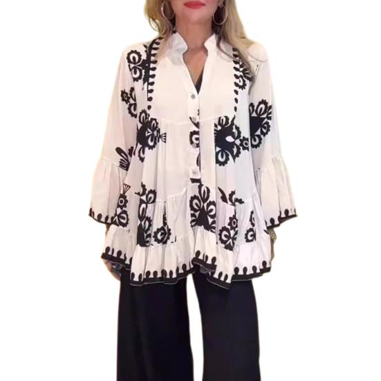 

Женская рубашка с v-образным вырезом и рукавами, топы, однобортный дизайн с рюшами, расклешенная длинная рубашка с принтом 2XL белый