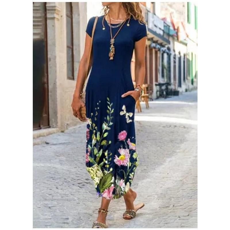 Abito Lungo A-line Slim Estivo a Manica Corta con Collo Rotondo e Tasca con Stampa Floreale Abbigliamento da Donna