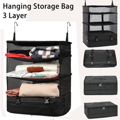 Portable Hanging Storage Bag 3-Layer Suitcase Travel Luggage Organizer Collapsible Hanging Clothing Closet Wardrobe Organizer