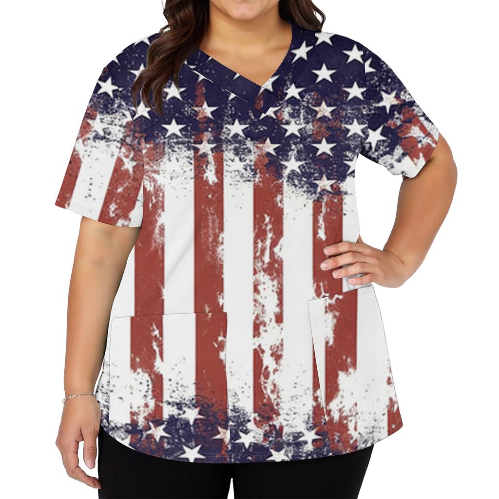 Women's Fashionable Casual Independence Day American Flag And Stars Print V-neck Short-Sleeved Work Shirt With Double Side Slits And Pockets