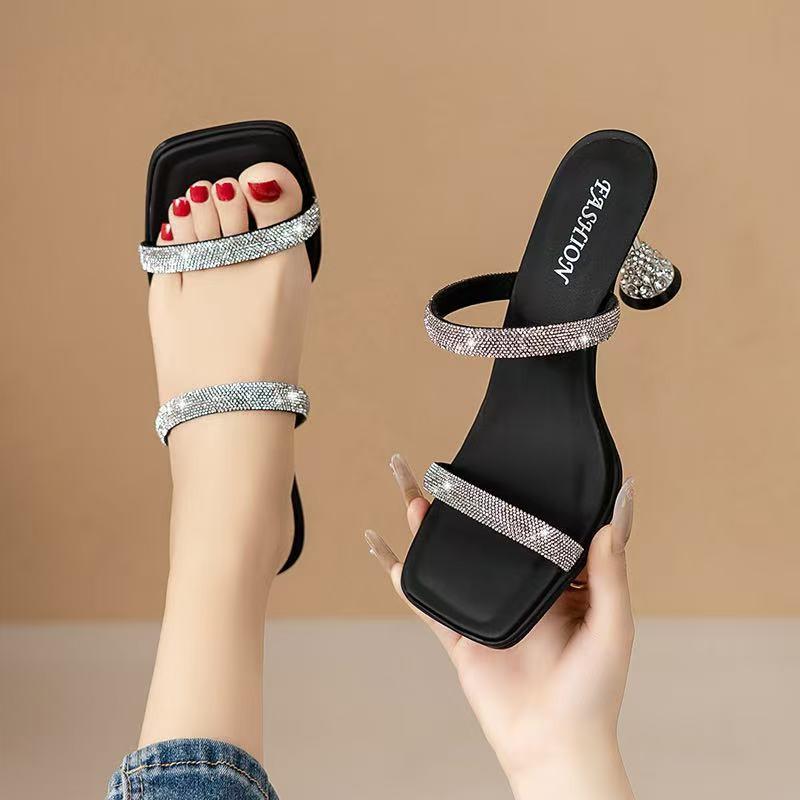 Open Toe Square Toe Flip-Flops Women Summer New Rhinestone Slender Strap Cover Foot Wear Non-slip Stiletto Heels