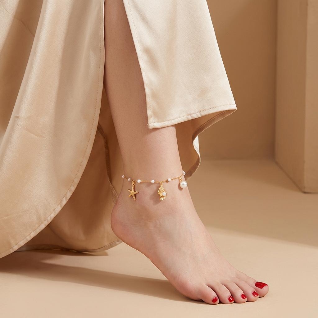 Mermaidcore Aesthetic Gold Color Shell Anklet Imitation Pearl Starfish Charm for Women Anklet Summer Essentials Hawaii Jewelry