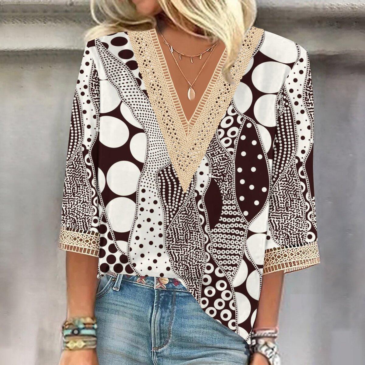 

Осень 2023, новая мода, женский повседневный топ с v-образным вырезом и рукавом 3/4 с принтом, большие размеры