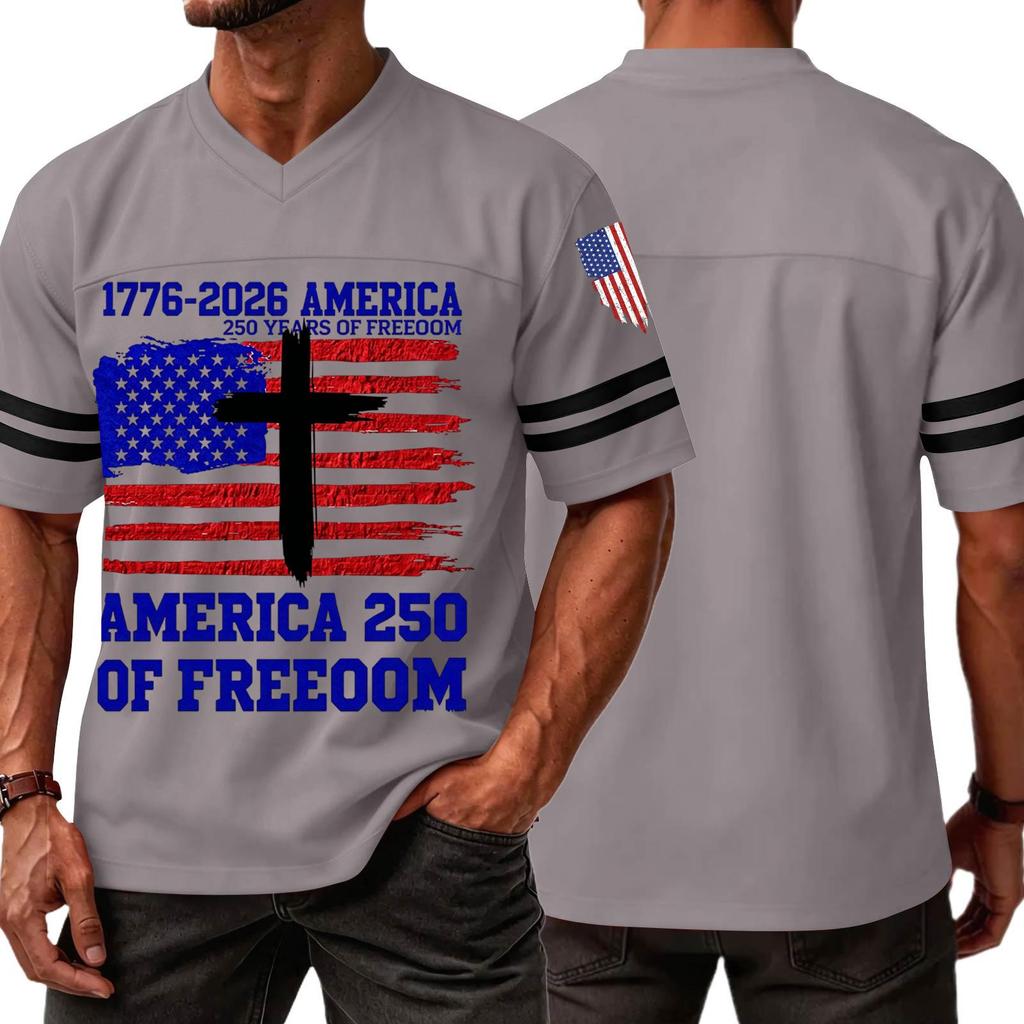 Men's V Neck Short Sleeve Sports T Shirt Casual Athletic Jersey with Independence Day Patriotic Print America 250 Freedom Graphic Tee