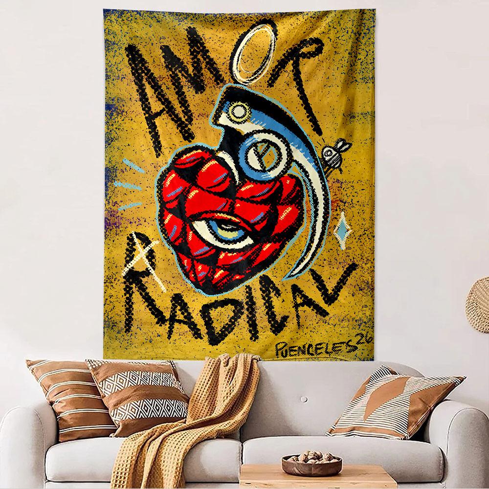 Amor Radical Tapestry Wall Hanging, Spanish Love Quote Poster Art, Boho Wall Decor for Bedroom Living Room Dorm