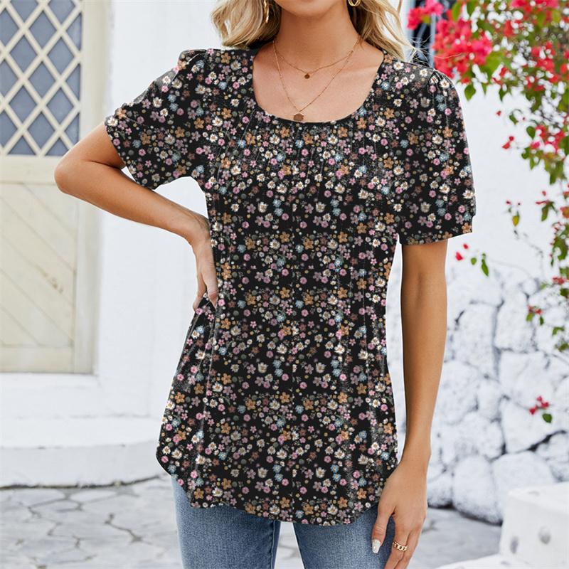Spring Summer Pleated T Shirts Solid Color Women's Top Fashion O Neck Short Sleeve T-shirt