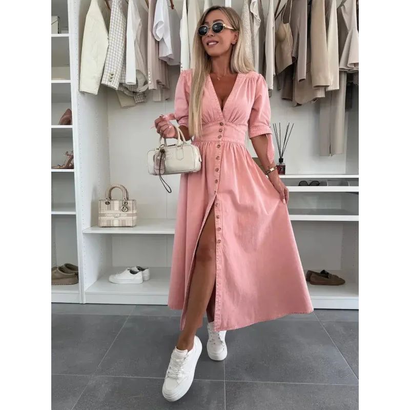 

European and American Fashion Long dress V-neck Short sleeve Loose Denim Long Button Dress Women Long Button Dress Pink M