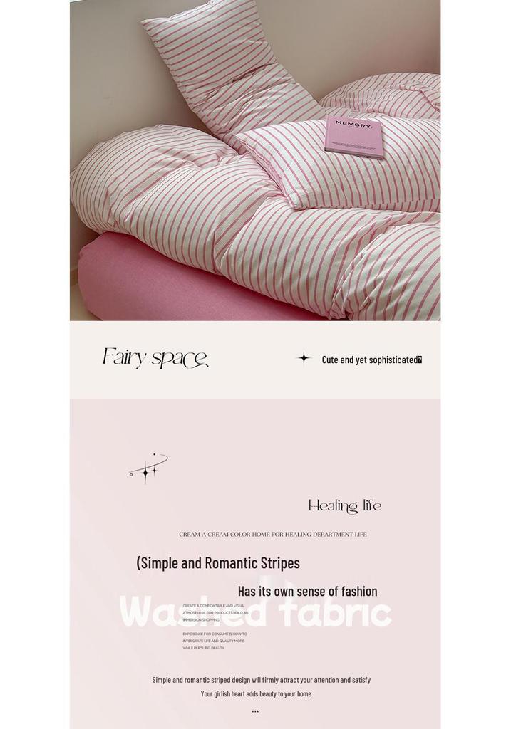 Pure Cotton Four-Piece Bedding Set: Striped Duvet Cover, Bed Sheet for Dorms, A-Class Washed Cotton, Perfect for All Seasons.
