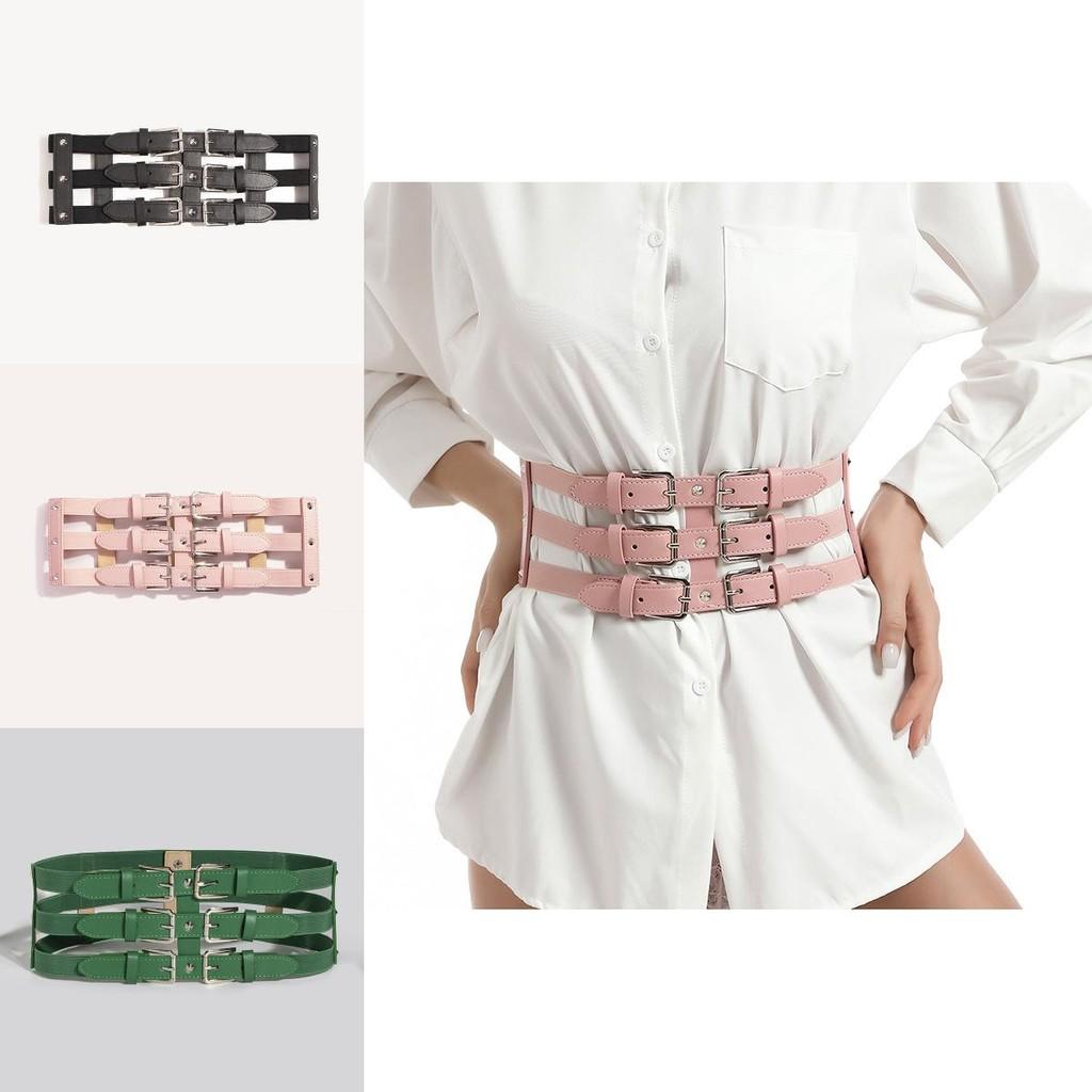 Dark Fashion Punk Waist Belt With Threerow Buckles For Edgy Urban Look