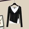 Women's Suit Spring and Autumn Gray Fake Two-piece Blouse, Bottoming Shirt, Split Wide-leg Casual Pants, Three-piece Suit for Women