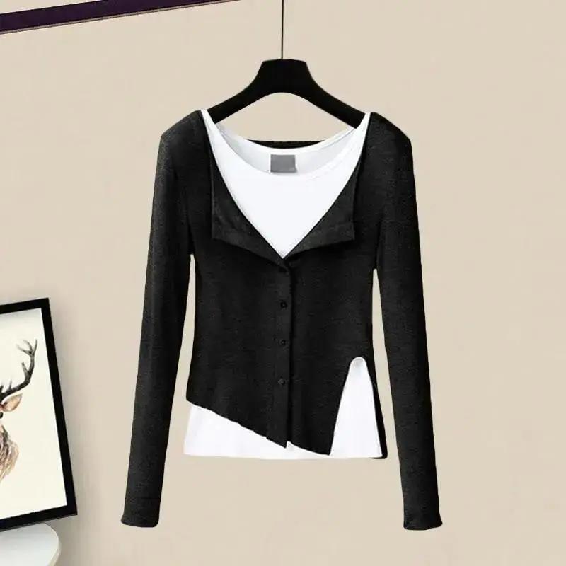Women's Suit Spring and Autumn Gray Fake Two-piece Blouse, Bottoming Shirt, Split Wide-leg Casual Pants, Three-piece Suit for Women