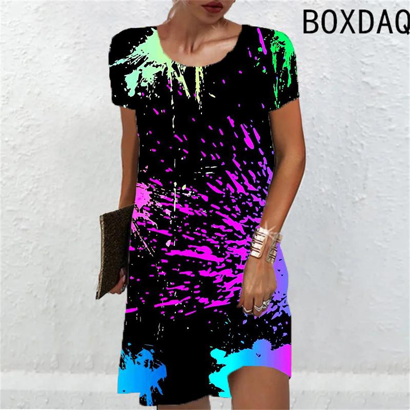 Tie dyed color Print Women Dress Casual Street Plus Size Vintage Woman Clothing Summer Short Sleeve O-Neck Loose Mini Dress