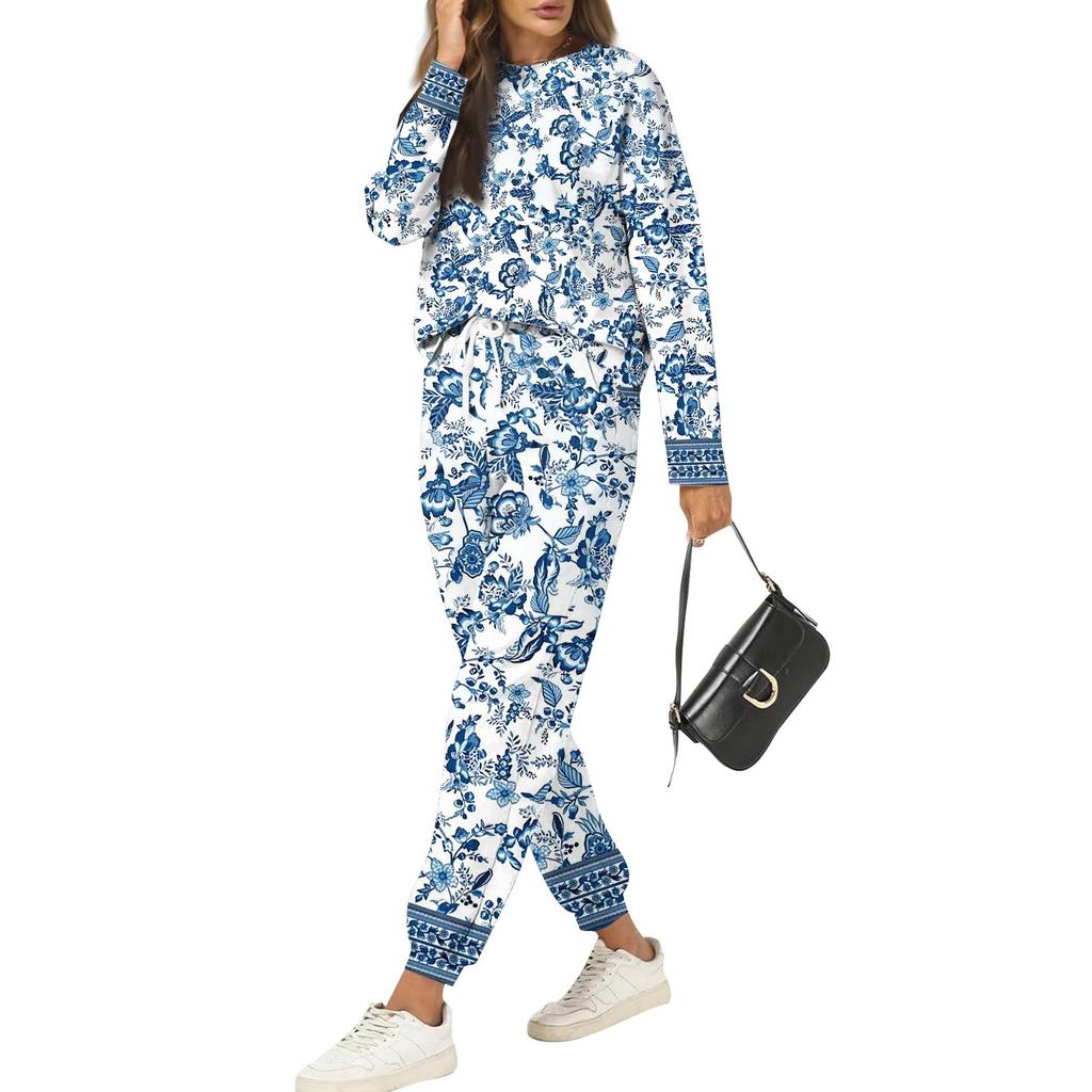 Sets für Damen 2-teilig Rundhals Langarmshirts Bedruckte Jogginghosen Taschensets