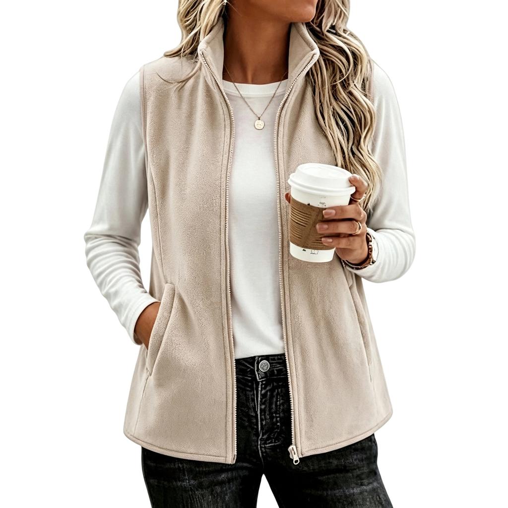 Women's Casual Loose Fit Sleeveless Vest with Stand Collar for Everyday Wear