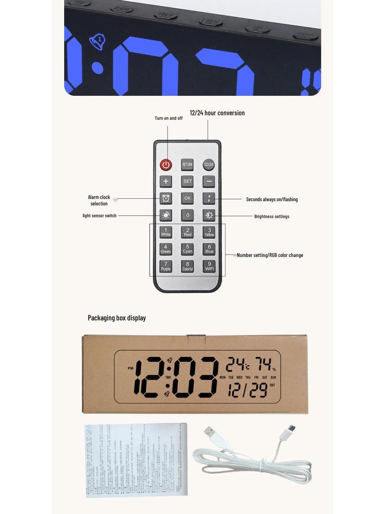 RGB Bluetooth Smart Wall Clock with Automatic Time Sync, Alarm, Temperature & Humidity Display, Perpetual Calendar, and Remote Control.