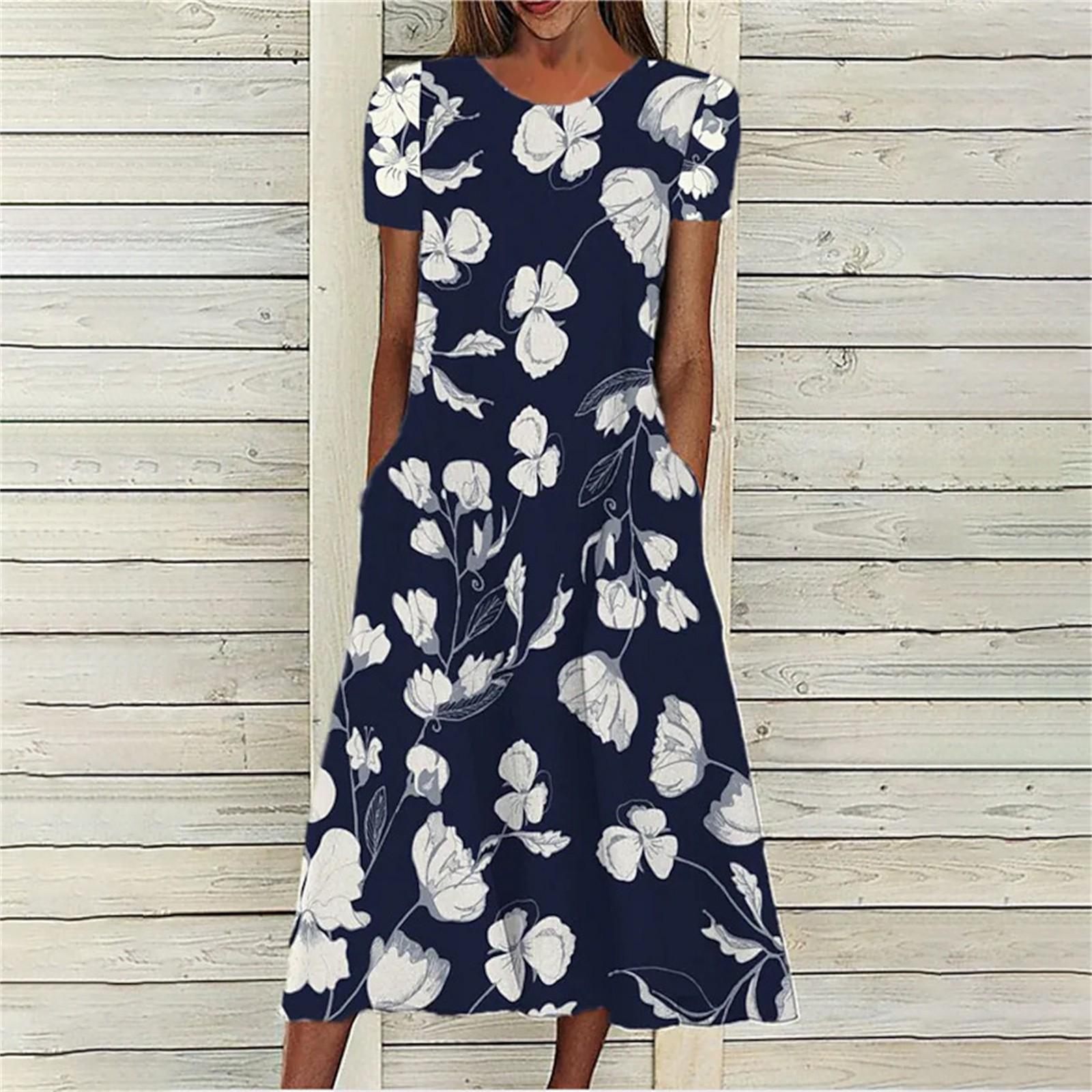 

Women s Floral Positioning Print Round Neck Short Sleeve Pocket Dress XXL чёрный