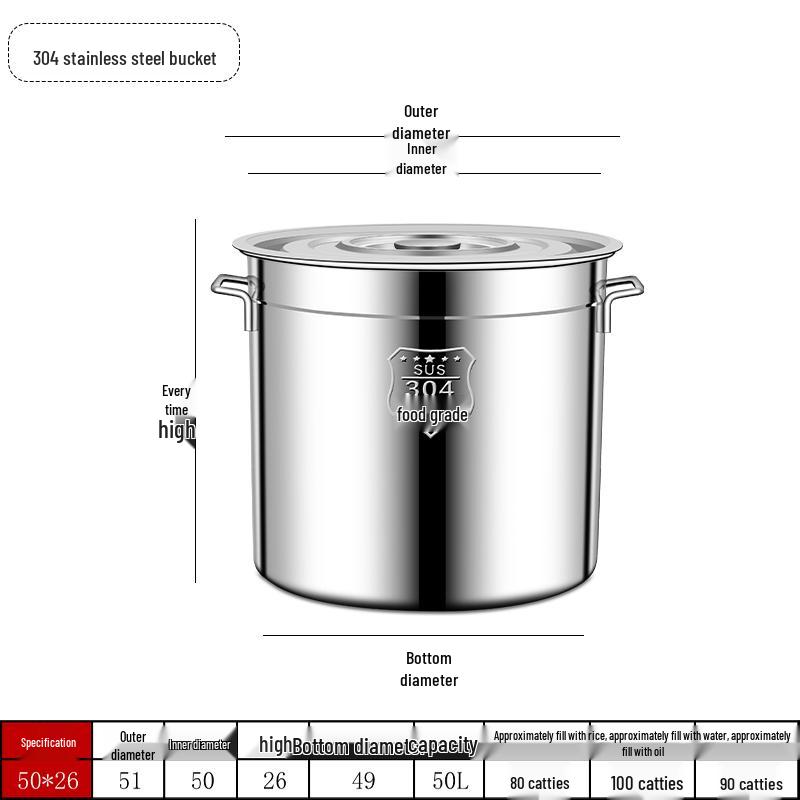 Extra Thick 304 Food Grade Stainless Steel Multi-Use Barrel with Lid for Soup, Braising, Oil, and Water.