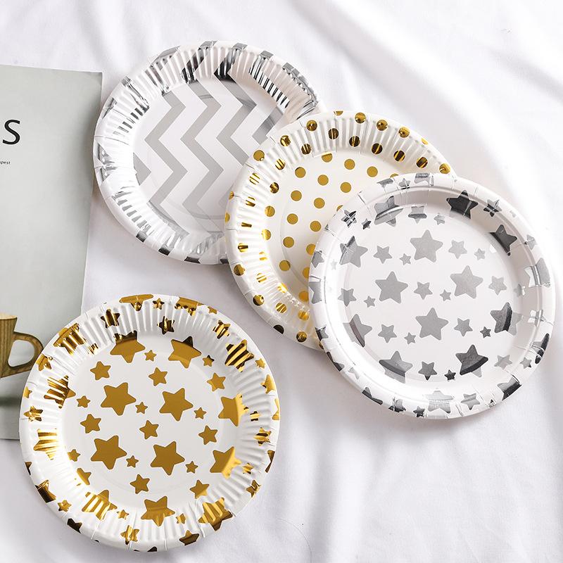 10 pezzi per 1 lotto Set di stoviglie monouso a righe blu rosa con pois Bicchieri di carta Piatti Cannucce Forchette Set monouso Decorazioni per feste di compleanno e matrimonio