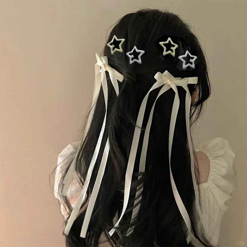 6pcs/set Y2k Star Snap Hair Clips with Long Ribbon Bowknot Barrettes for Women Girls Double Ponytail Headwear Hair Accessories
