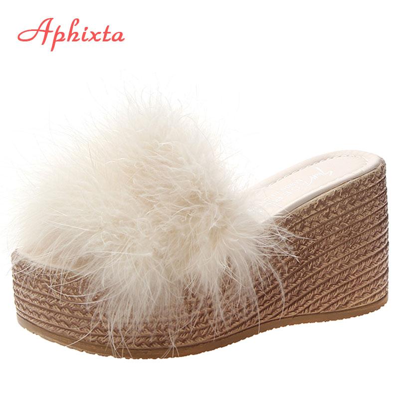 

Модные шлепанцы Aphixta на каблуке 9 см, женская обувь, женские тапочки, шлепанцы из искусственного меха, клиновидная платформа, женская обувь, пляжные сандалии, zapatos mujer 4 бежевый