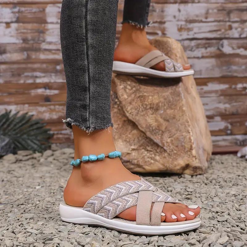 Sandálias Slides Ortopédicas com Suporte de Arco para Caminhada para Mulheres - Design Slip-On de Largura Larga com Biqueira Aberta, Sola de Borracha Antiderrapante - Chinelos Elegantes