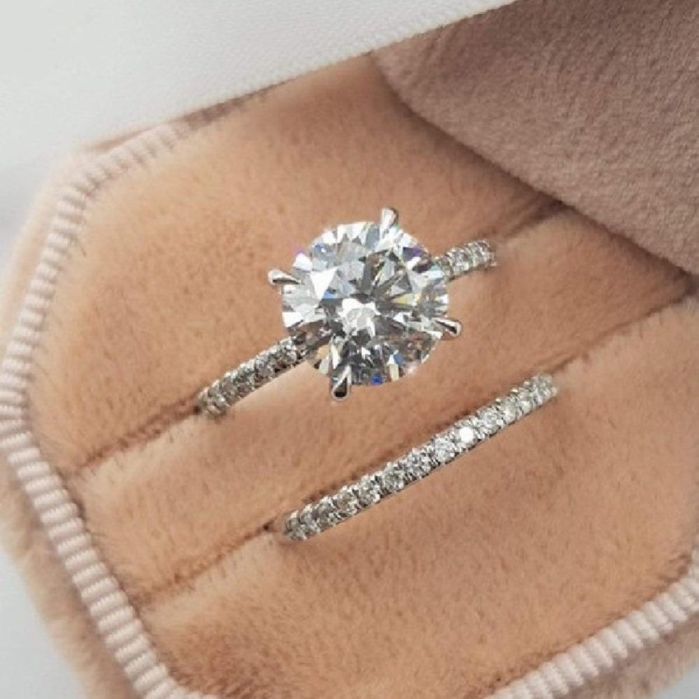 

2pcs Set Classic Trendy Four Claws Double Layer Fold Wear Zircon Rings for Women Luxury Crystal Bride Wending Jewelry Set Gifts size 11